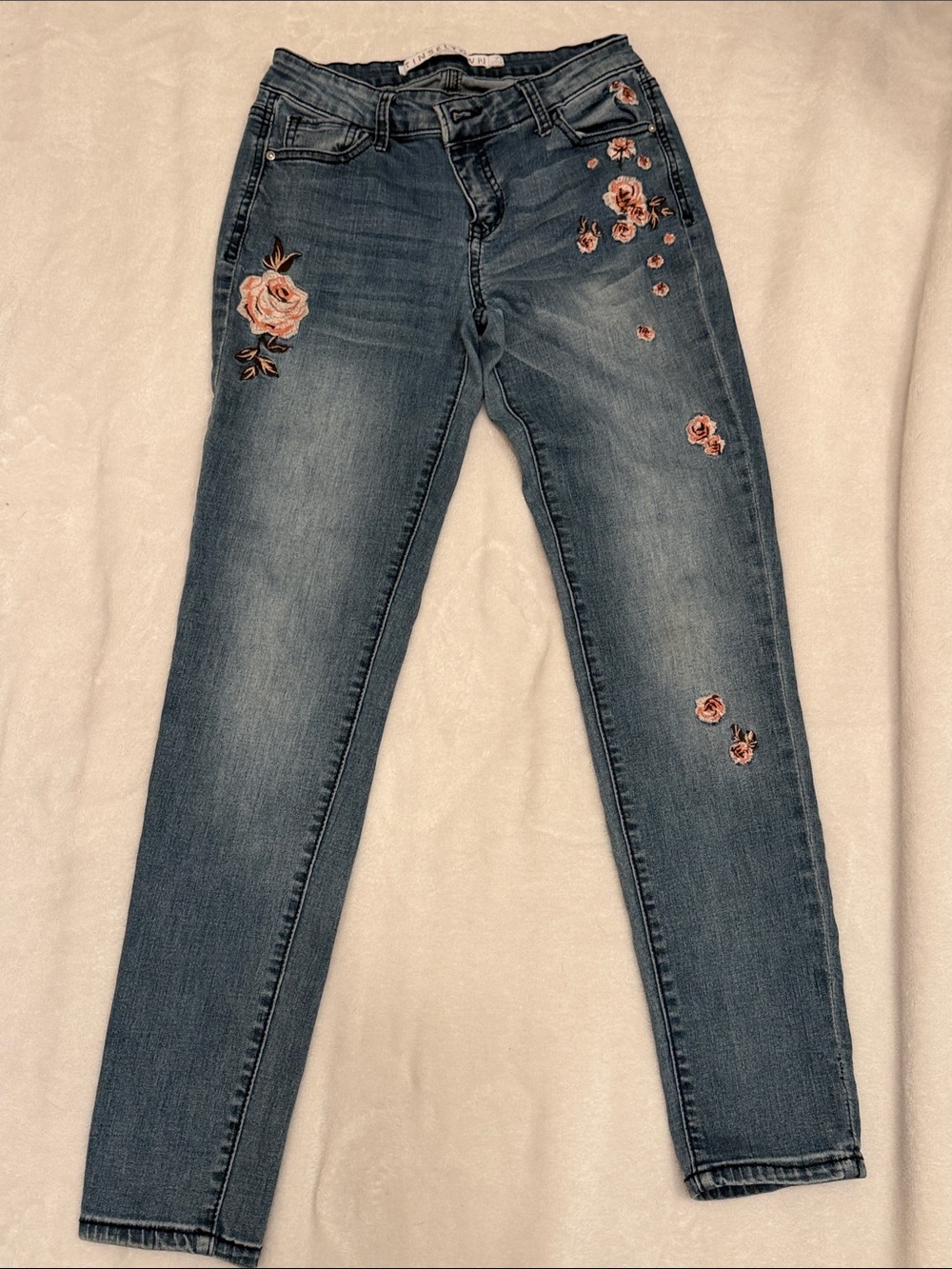 Tinseltown Blue Skinny Jeans with Pink Rose Embroidery